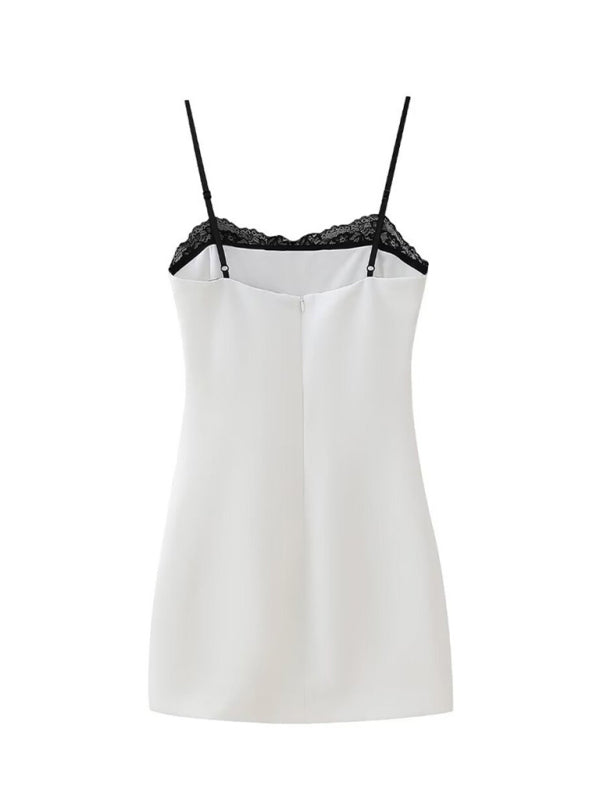 Women's fashionable lace splicing white short suspender dress
