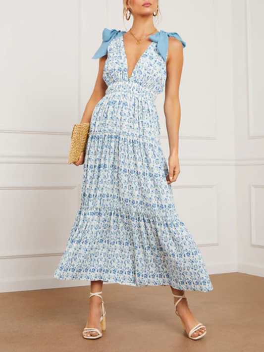 Floral waist bow strap long dress