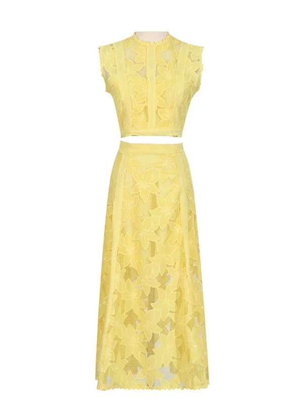 Women's Vacation Round Neck Sleeveless Top + High Waist Embroidered Skirt Set