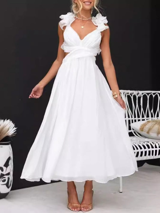 Sexy Sleeveless Solid Color Tie Pleated Skirt Dress