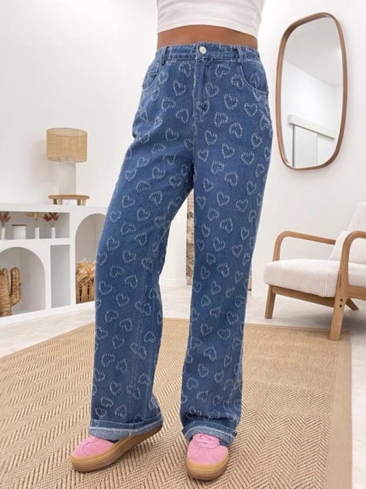 New Valentine's Day Love Crochet Jeans Casual Washed Straight Trousers