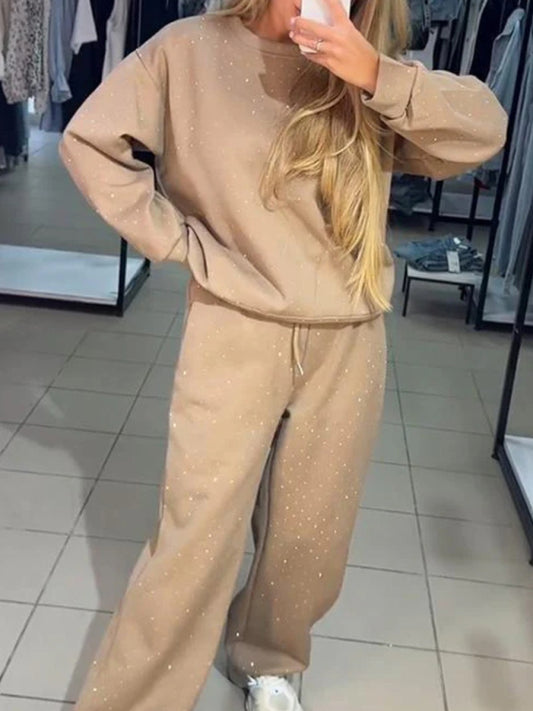 Women's casual round neck long sleeve full body hot diamond drawstring ankle two piece suit