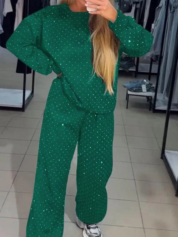 Women's casual round neck long sleeve full body hot diamond drawstring ankle two piece suit