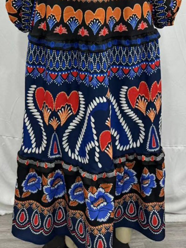 Stand collar printed long sleeve dress