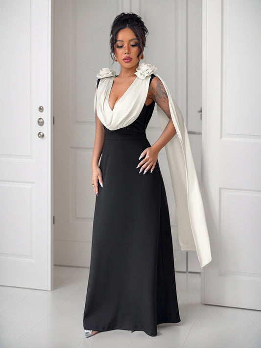 V-neck contrast sleeveless dress