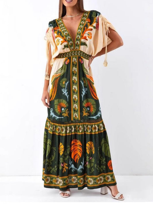 V-neck retro ethnic style positioning print linen dress