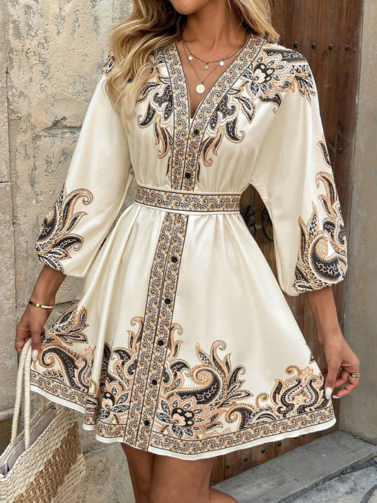 New Printed V-Neck Three-Quarter Sleeve Tie-Waist Dress
