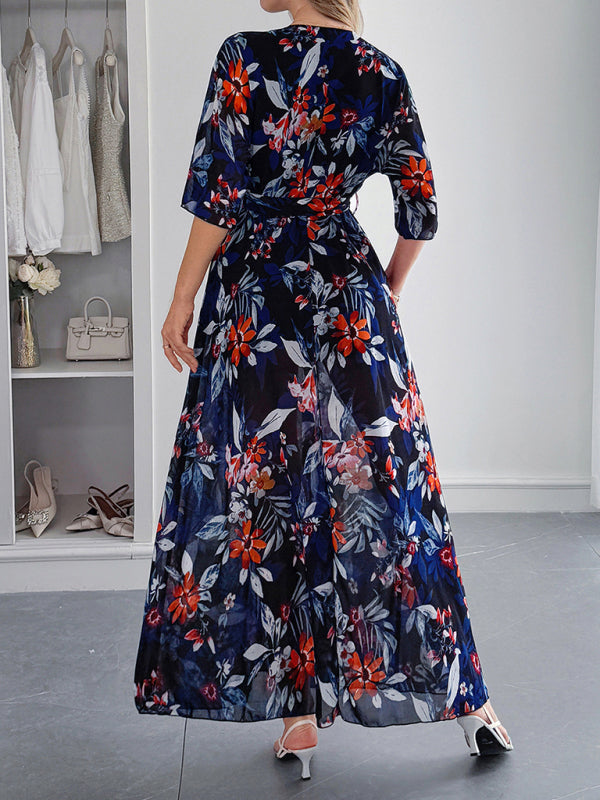 Holiday black printed tie maxi dress