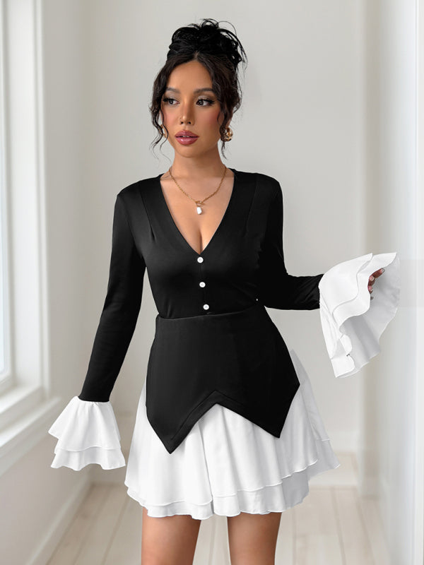 Long-sleeved contrast skirt with ruffled autumn dress