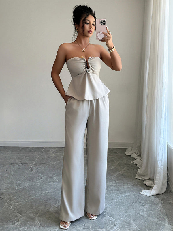 Elegant and simple design tube top straight pants suit