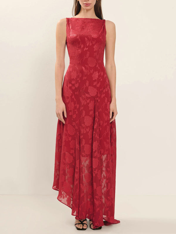 Lace backless slim fit jacquard red irregular dress