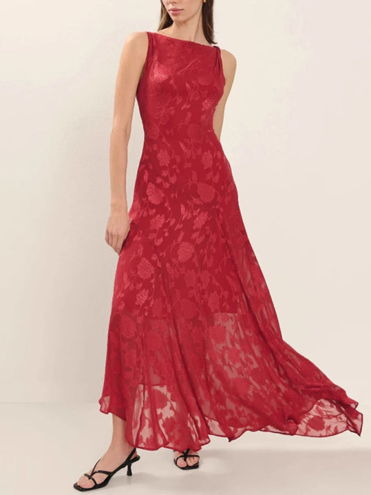 Lace backless slim fit jacquard red irregular dress