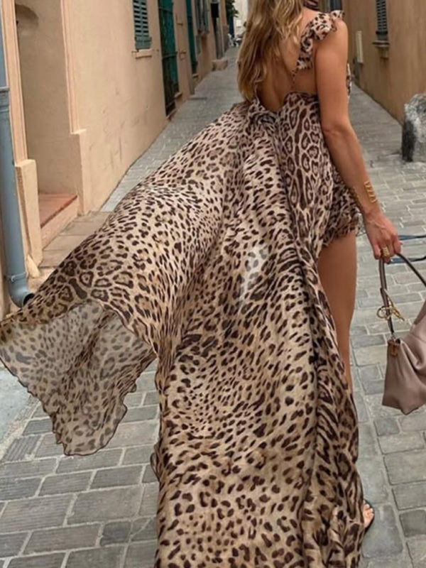 New chiffon printed suspender long skirt holiday loose leopard print two-piece set
