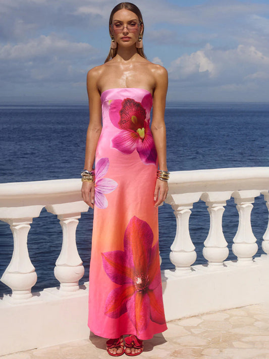 Flower Print Sexy Slightly Stretch Tube Top Long Dress