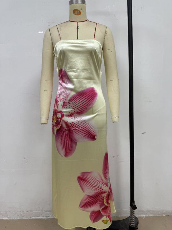 Flower Print Sexy Slightly Stretch Tube Top Long Dress