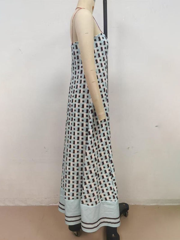 Sexy strapless off-shoulder brown checkered print dress