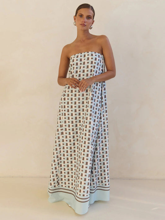 Sexy strapless off-shoulder brown checkered print dress