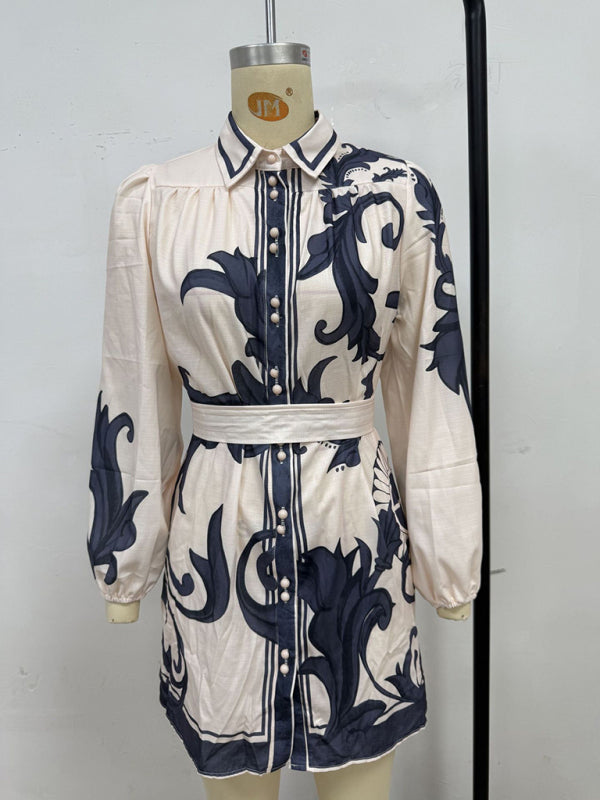 Fashion Printed Belt Loose Retro Short Sleeve Dress