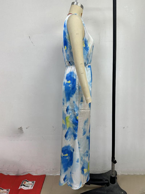 Light blue sleeveless printed dress with slit hem