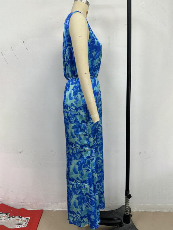 Blue Sleeveless Printed Dress with Slit Hem