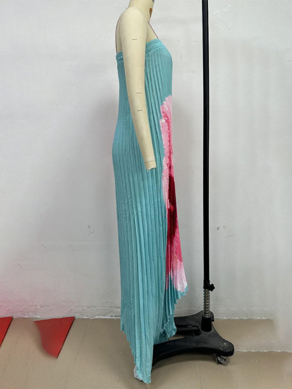 Pleated Positioning Printed Bandeau Swing Dress