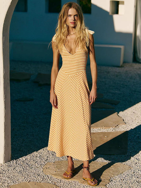 Holiday style backless lace-up sexy low-cut V-neck dress