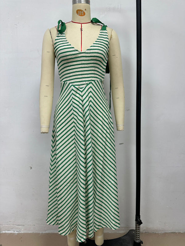 Light green striped holiday style backless lace-up sexy low-cut V-neck dress
