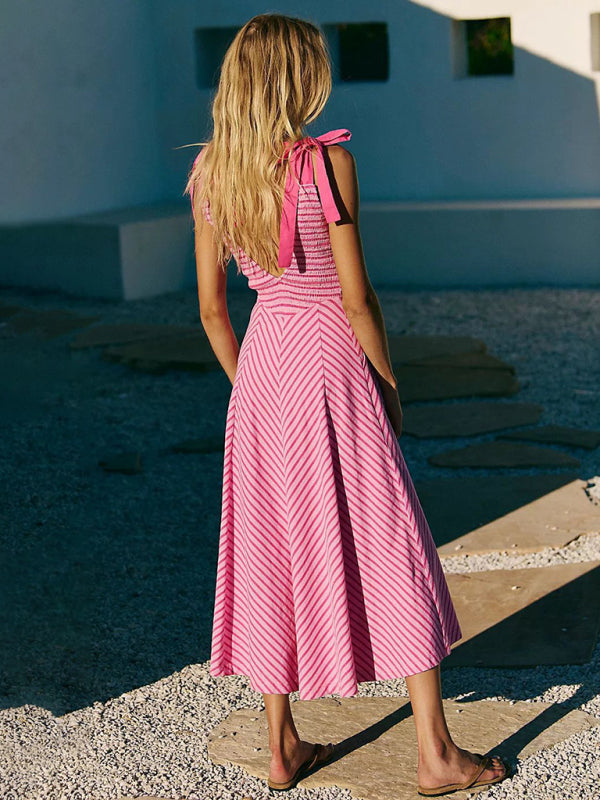 Rose red striped holiday style backless lace-up sexy low-cut V-neck dress