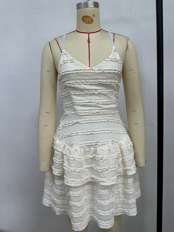 Solid color ruffle sexy suspender lace dress