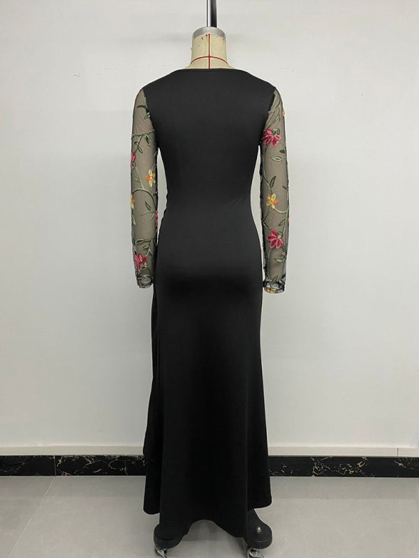 Round Neck Mesh Embroidery Panel Long Sleeve Dress