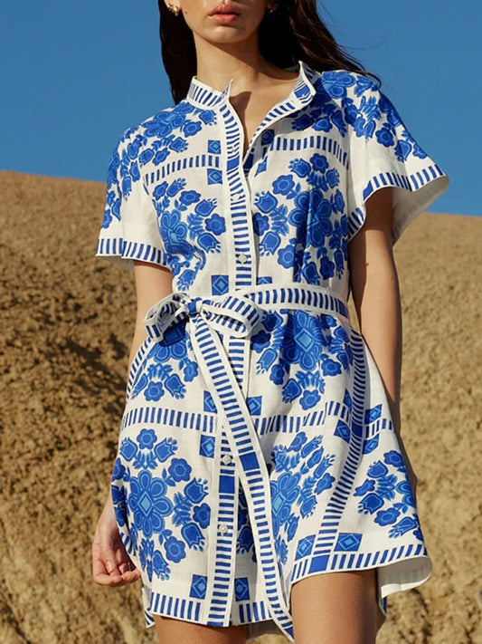 Casual women's fashion print tie dress