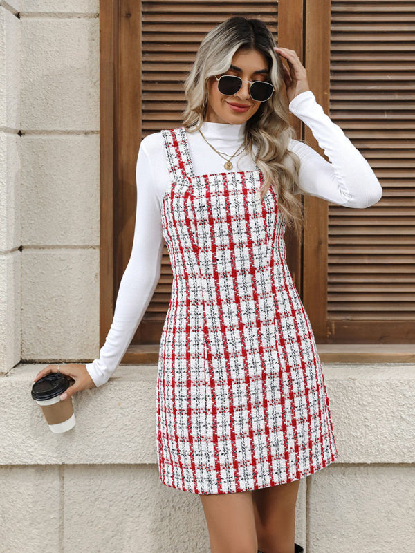 New Plaid Woolen Suspender Short Dress