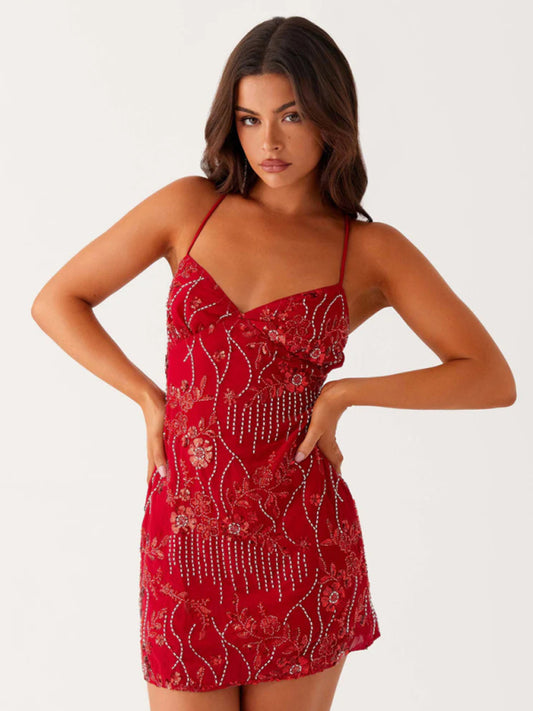 Women's sequin embroidered skirt sexy backless suspender dress