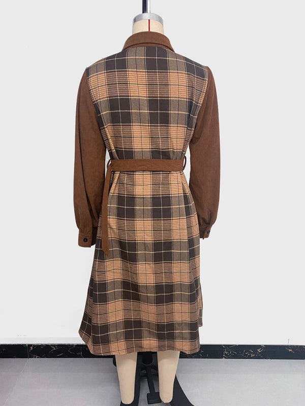 Casual retro shirt collar plaid patchwork dress