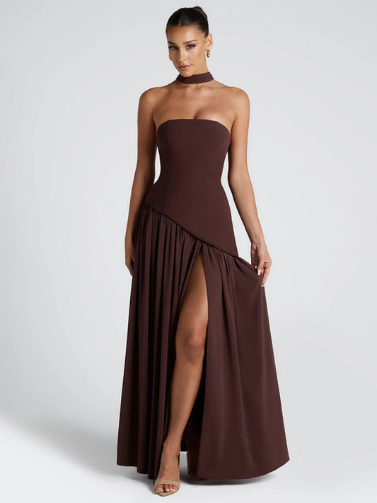Dark brown tube top solid color open back slit dress