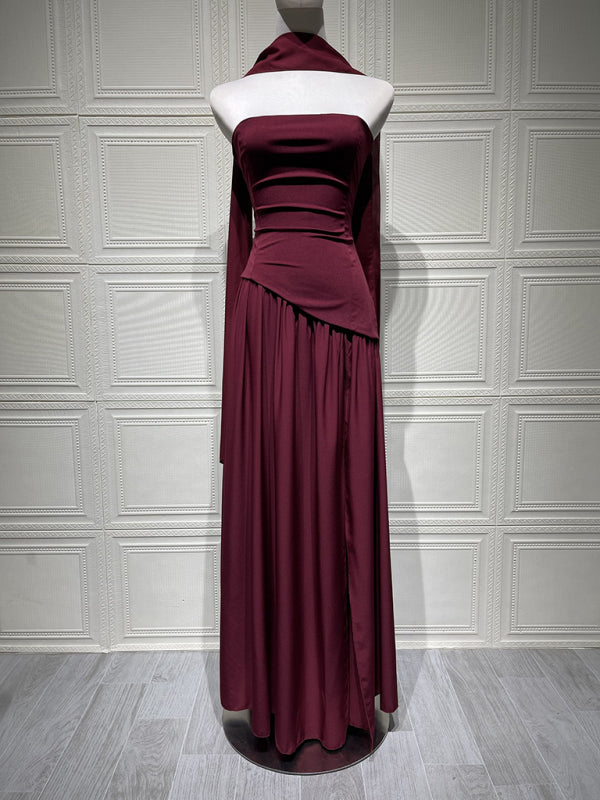 Dark brown tube top solid color open back slit dress
