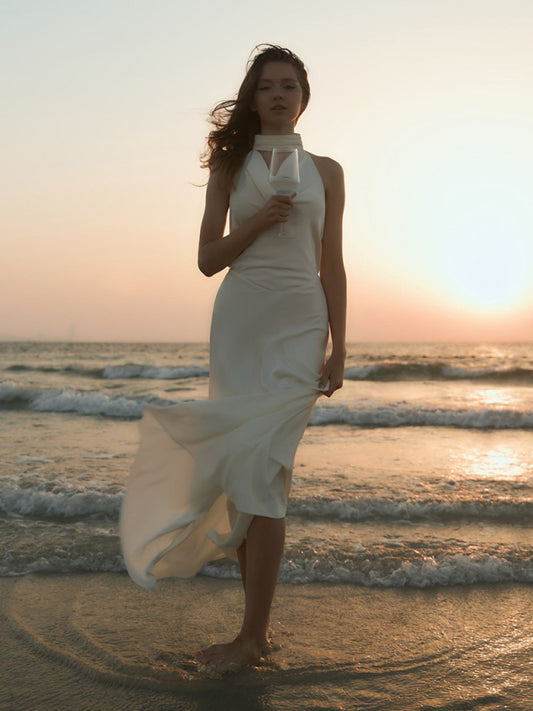 Sexy satin v-neck halter dress