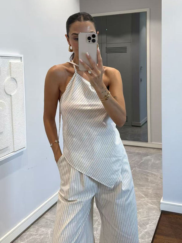 One-shoulder strap irregular striped top and trousers two-piece set