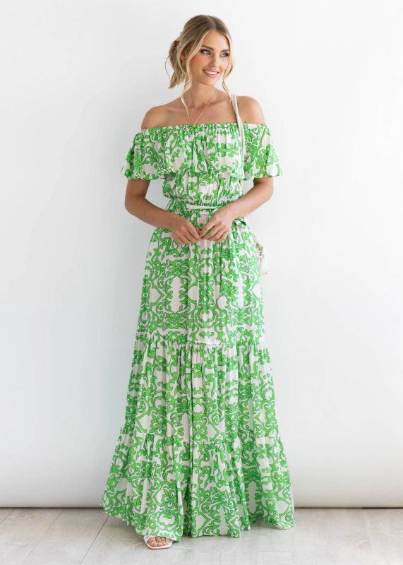 Women's Printed Boat Neck Tie Ruffle Trim Long Swing Dress