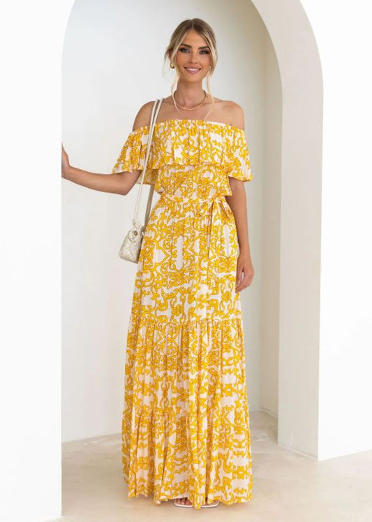 Women's Printed Boat Neck Tie Ruffle Trim Long Swing Dress