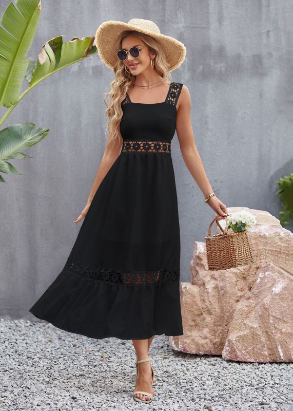 New style solid color hollow lace stitching square collar sleeveless suspender dress