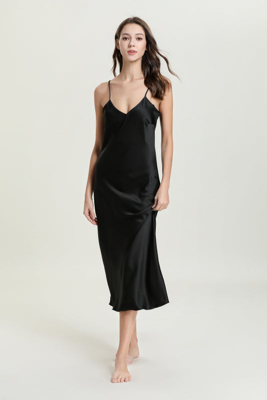 Women's satin suspenders sexy V-neck mid-length suspender dress