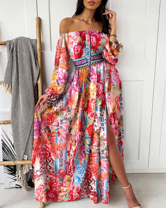 Printed Dress One-shoulder pullover retro long-sleeved long-sleeved dress with slits
