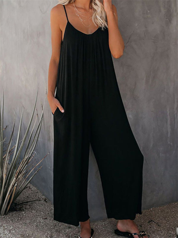 Trousers solid color side pocket loose casual suspender jumpsuit