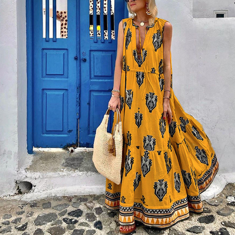 Women's Sleeveless Midi Bohemian Print Dress