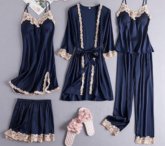 Women's Sexy Contrasting Color Lace Pajamas Five-Pieces Set