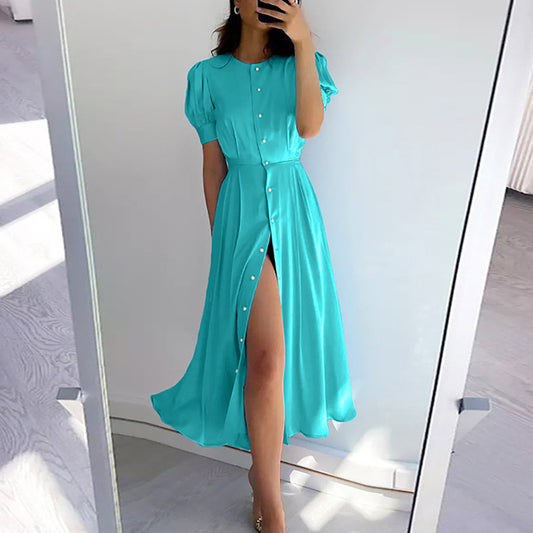 Women's Solid Color Solid Color Single Breasted Sexy Slit Mid Length Dress