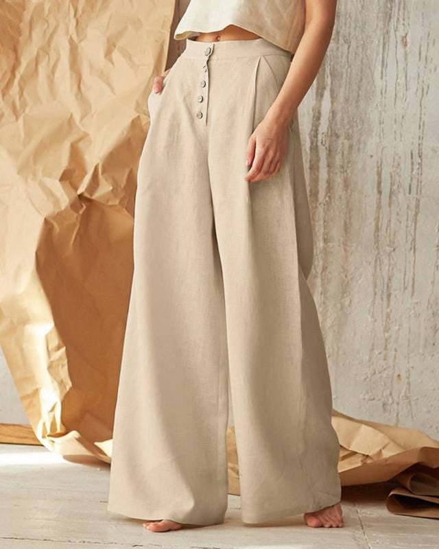 Women's Solid Color Single-breasted Button Casual High Waist Wide Leg Pants