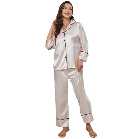 Women's color-blocking imitation silk long-sleeve pajama sets