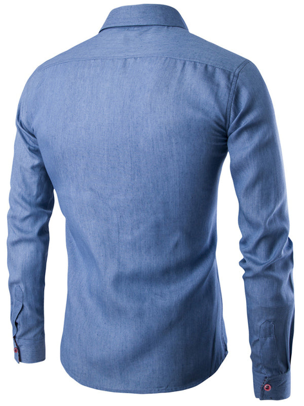 Men’s Solid Color Contrast Collar Long Sleeve Denim Shirt